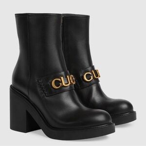 Gucci Logo Lettering Ankle Black Leather Moto Boots